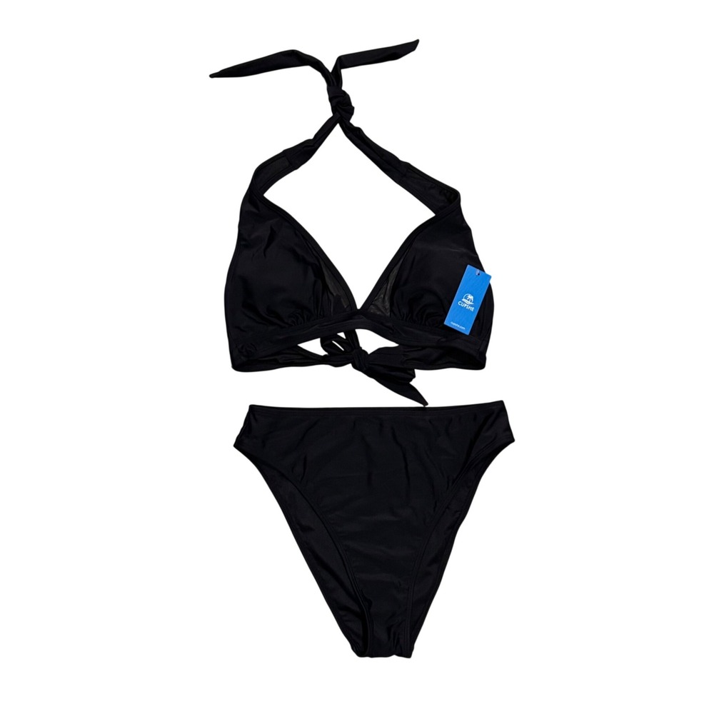 Cupshe Bikini Set Womens M Black NEW High Waisted Mesh Halter Front Tie Swimsuit